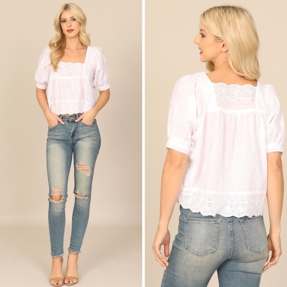 Tops - White Eyelet Square-Neck Peasant Blouse